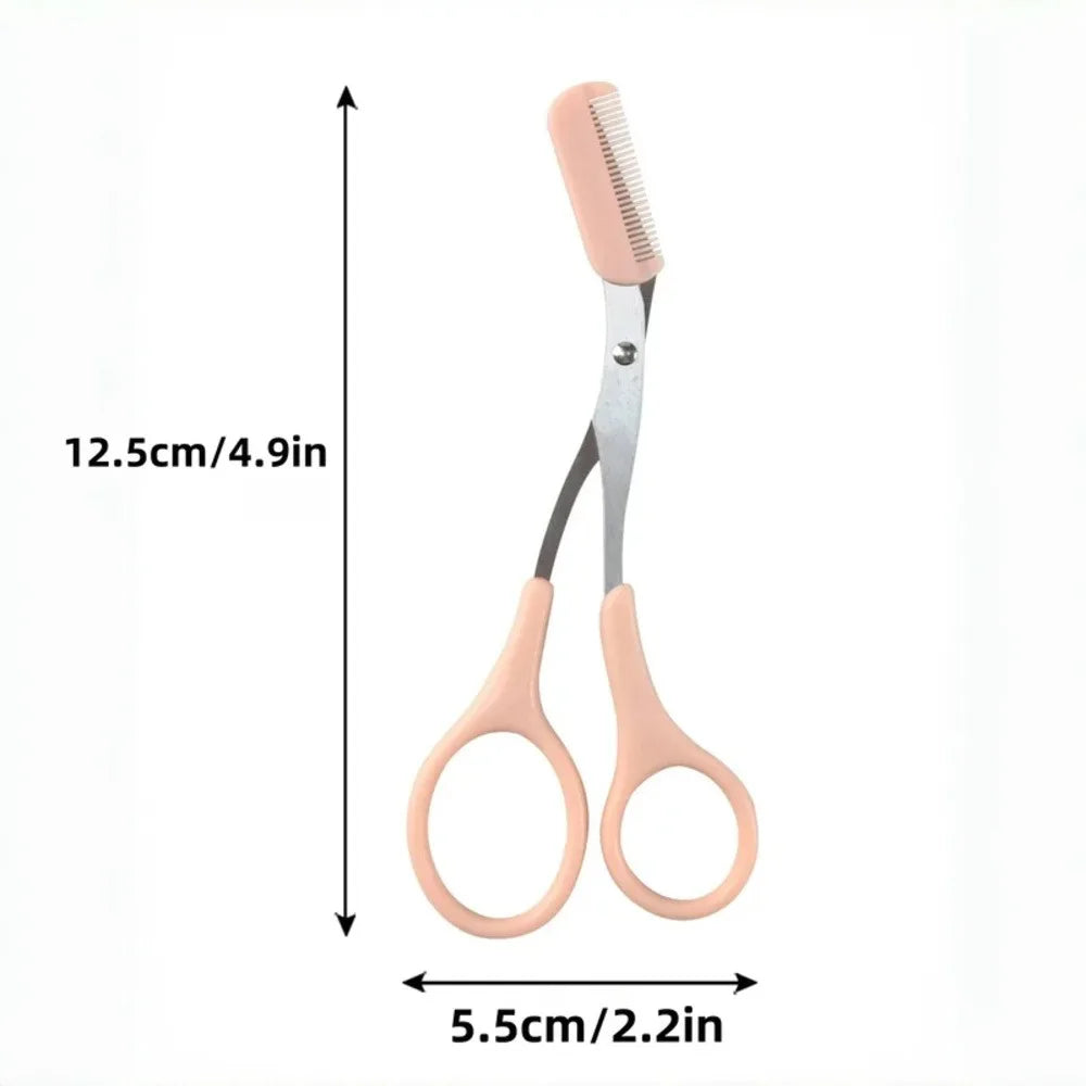 Pink eyebrow trimming scissors with built-in comb - stainless steel, precise grooming tool, creating perfect eyebrows
