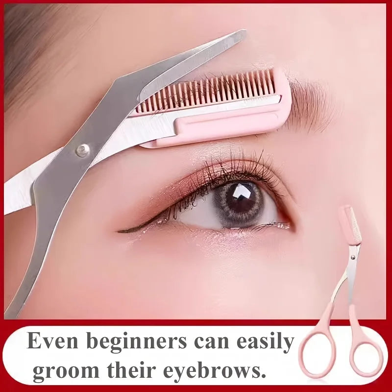 1/2pcs Stainless Steel Built-in Comb Eyebrow Scissors Pink Handle Precision Beauty Tool,Durable Metal Structure, Eyebrow Trimmer