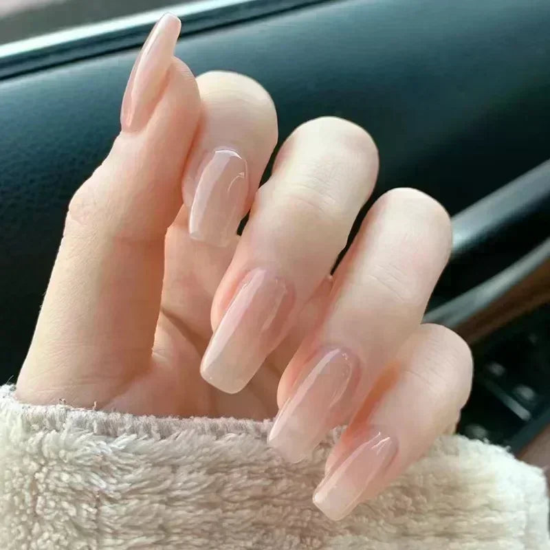 24pcs/Box Long Stiletto False Nails with Glue Red Nude Pink White MilkTea Color Jelly Nails Tips Full Cover Press on Nails