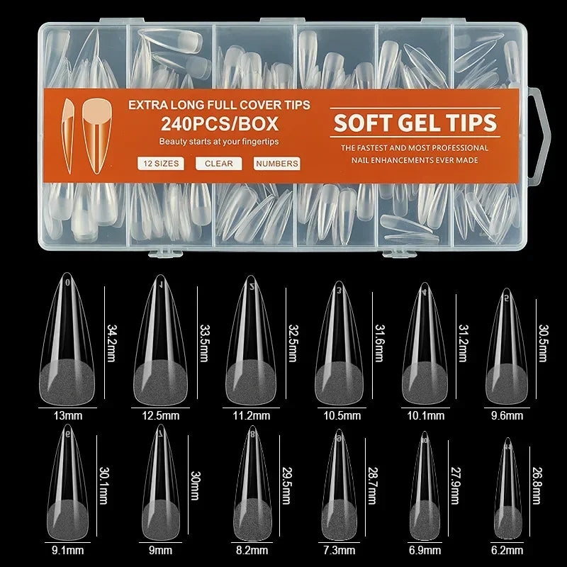 240/600Pcs Soft Gel False Nail Tips Short Square Coffin Almond Artificial Press On Nails Fake Extension X Capsule Manicure Tools