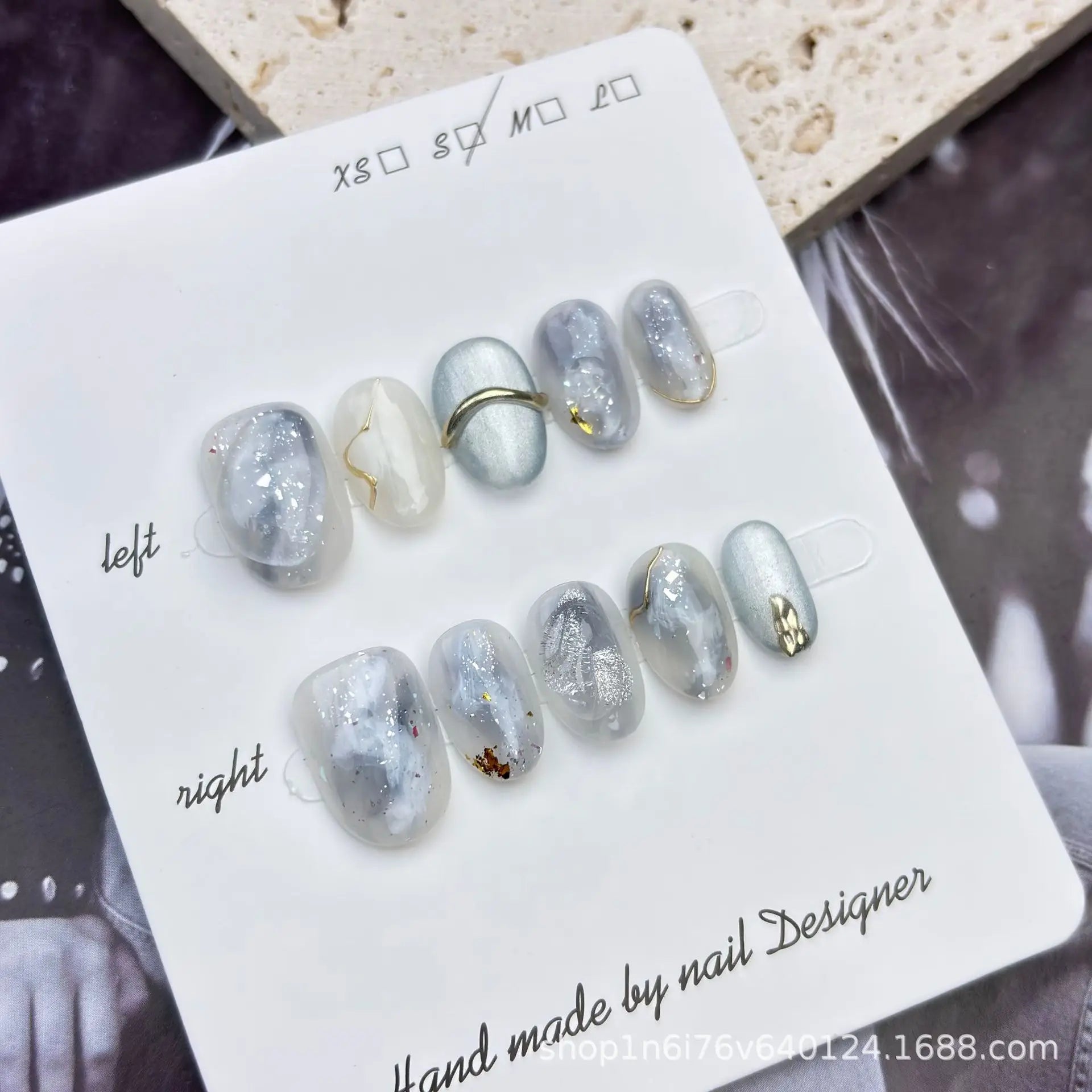 10Pcs French Oval Handmade Press on Nails Blue Cat Eye Fake Nails Wearable Stick-on Nails False Nail 네일팁 Накладные Ногти Uñas