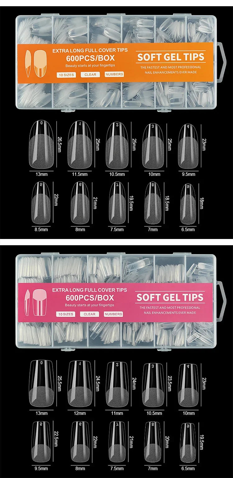 240/600Pcs Soft Gel False Nail Tips Short Square Coffin Almond Artificial Press On Nails Fake Extension X Capsule Manicure Tools