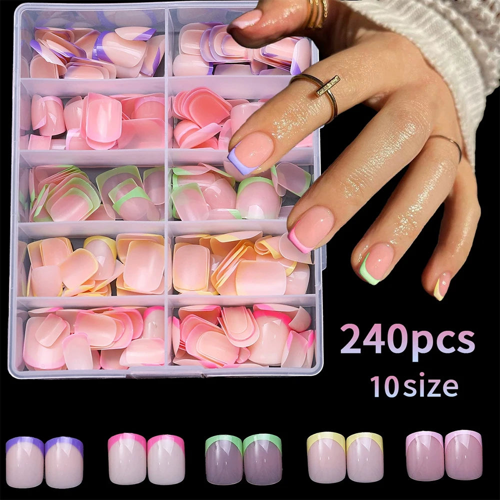 120/240Pcs Short Square Press On Nails Summer Colorful French Tip Fake Nails Extension Wearable Full Cover False Nails for Girls