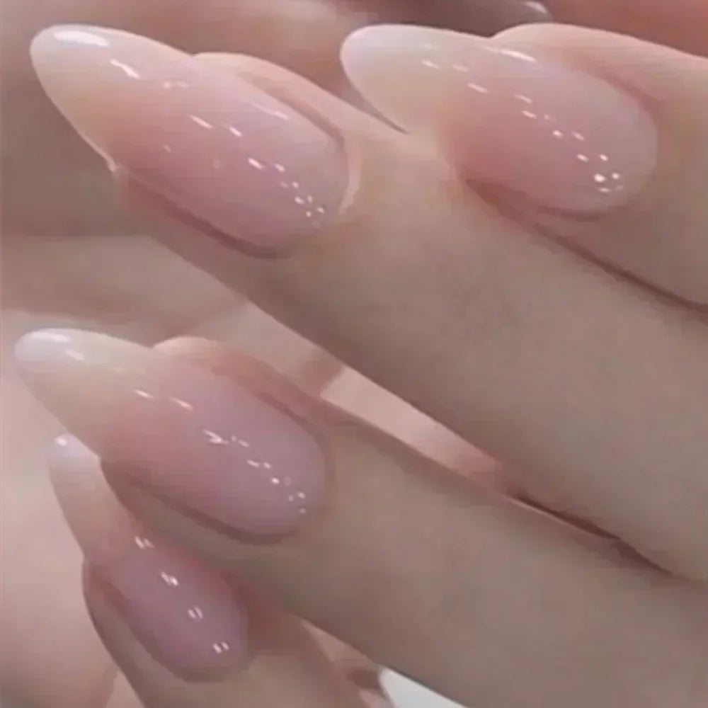 24pcs/Box Long Stiletto False Nails with Glue Red Nude Pink White MilkTea Color Jelly Nails Tips Full Cover Press on Nails
