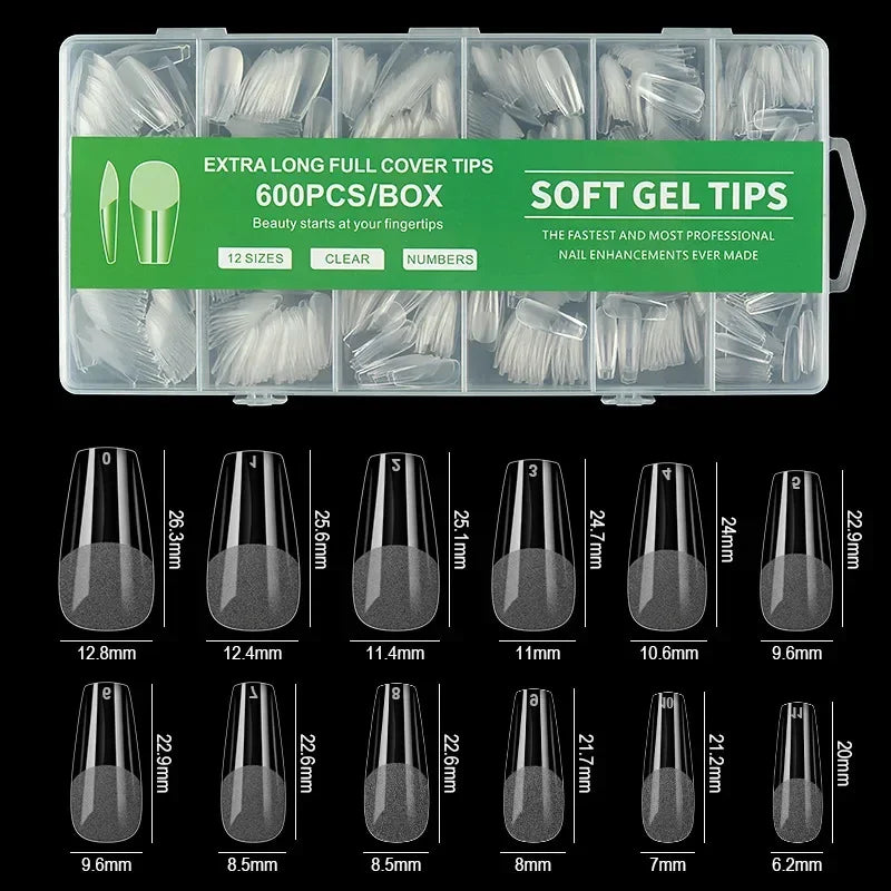 240/600Pcs Soft Gel False Nail Tips Short Square Coffin Almond Artificial Press On Nails Fake Extension X Capsule Manicure Tools