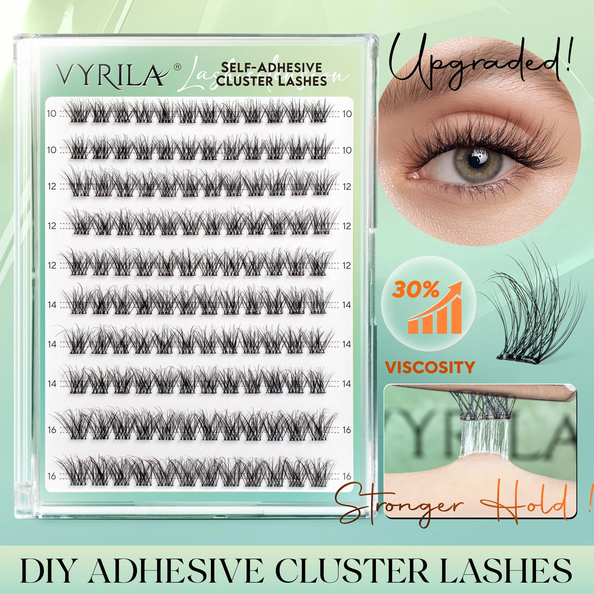 VYRILA Self Adhesive Eyelashes No Glue Needed Lashes 10‑16mm Pre Glued Cluster Lashes D Curl Soft Natural Press on Lashes