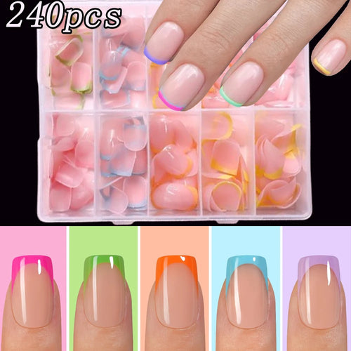120/240Pcs Short Square Press On Nails Summer Colorful French Tip Fake Nails Extension Wearable Full Cover False Nails for Girls