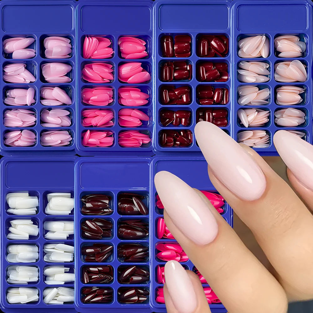 120pcs/Box Bright Gloss Pink False Nails Medium Almond Simple Solid Color Press On Nails Soft Gel Full Cover Wearable False Nail