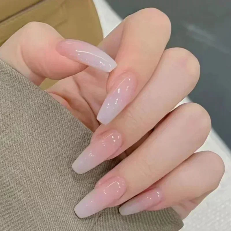 24pcs/Box Long Stiletto False Nails with Glue Red Nude Pink White MilkTea Color Jelly Nails Tips Full Cover Press on Nails