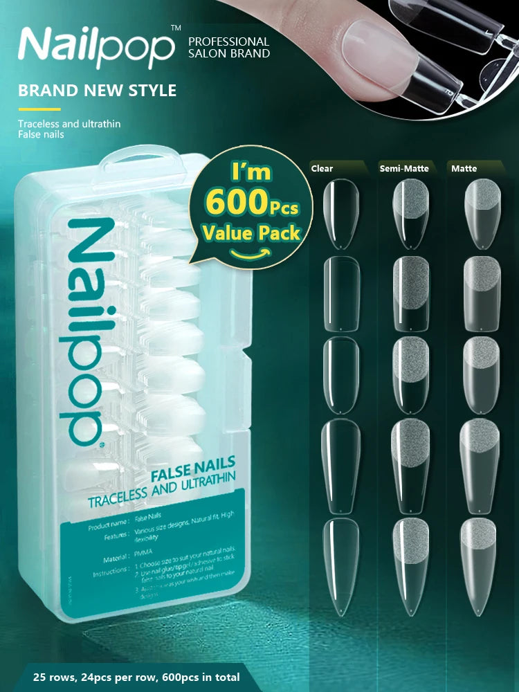 Nailpop 600pcs PRO Fake Nails Full Cover False Nail Tips Acrylic Nail Capsules Professional Material Finger Soak Off Gel Tips