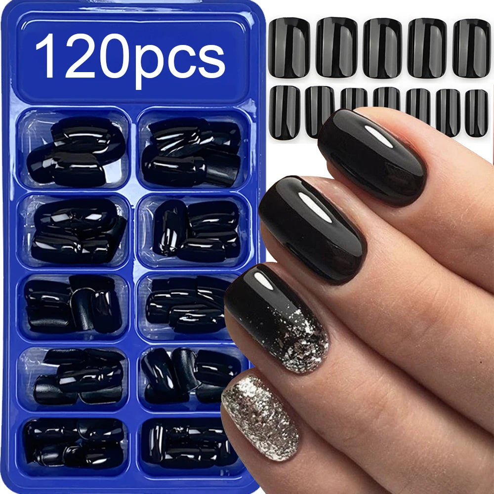 120pcs Black Short Square False Nails Long Glossy Full Cover Acrylic False Nails Artificial Pure Black Coffin Press On Nails