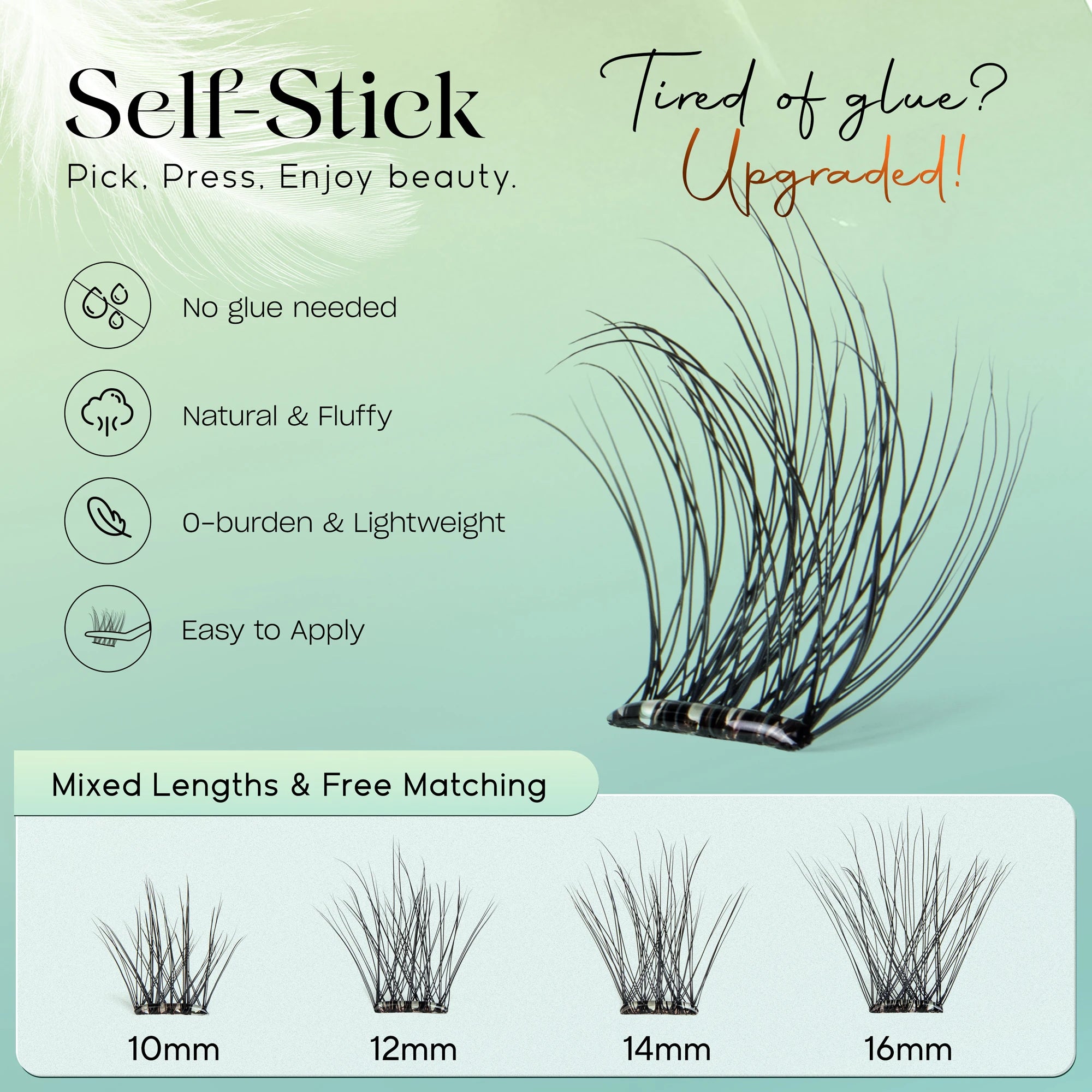 VYRILA Self Adhesive Eyelashes No Glue Needed Lashes 10‑16mm Pre Glued Cluster Lashes D Curl Soft Natural Press on Lashes