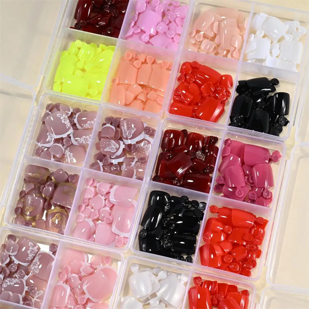 96pcs Short Square Toe Nails Butterfly/Flower French White Tip Fake Toenails Full Cover Fake Nail Set Cute Nail for Girls Gifts*