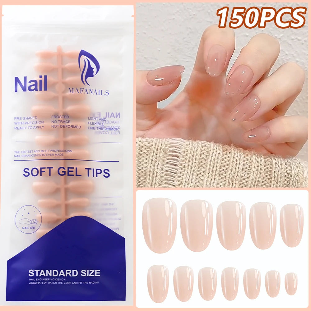 150/120pcs Natural Nude Short Ellipse Press On Nails Glossy White Gradient/French Fake Nails For Women Summer Nails Extension ^&
