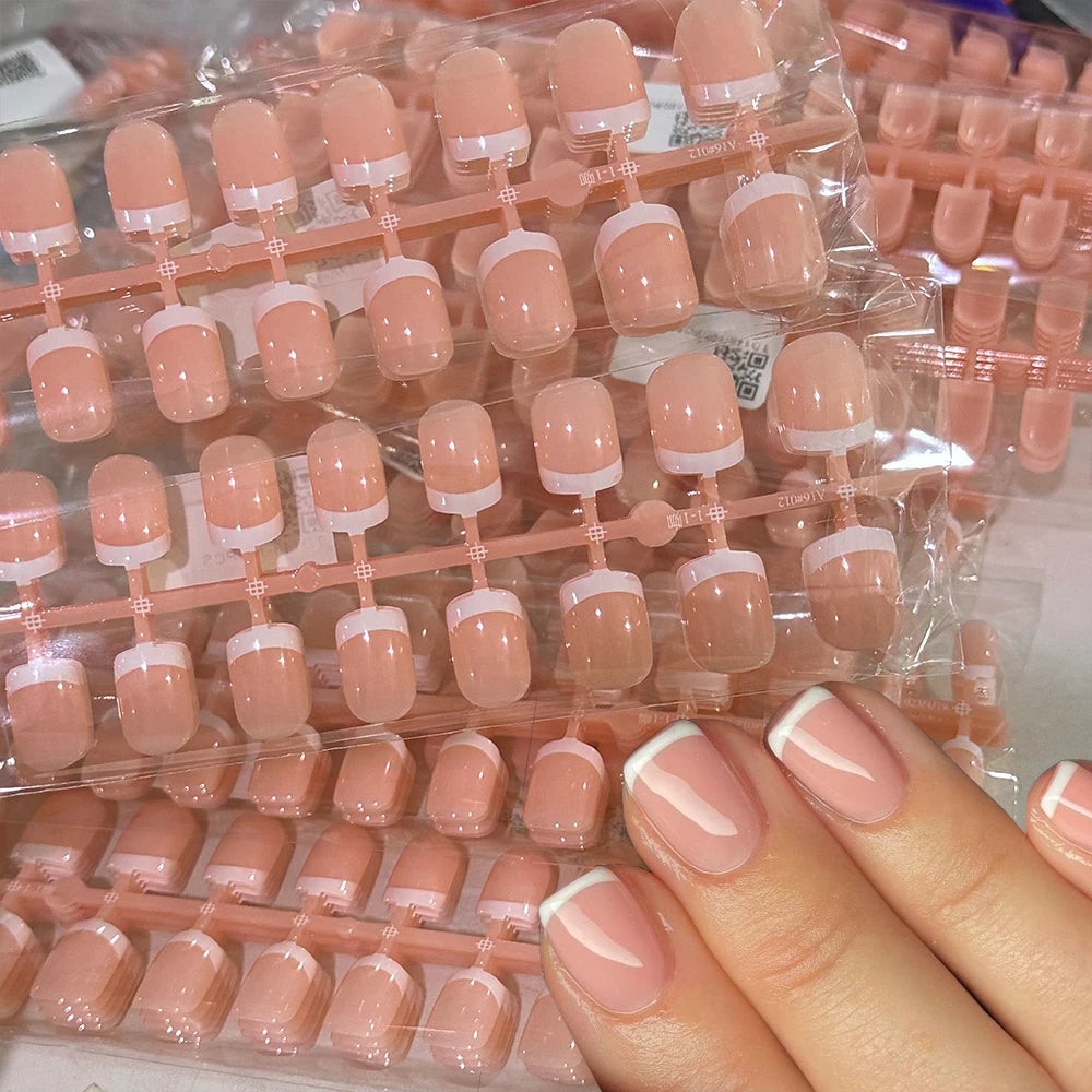 120Pcs Nude Pink Short Square French Fake Nails Full Cover White French Press on Nails Acrylic Glossy Wearable Women False Nails