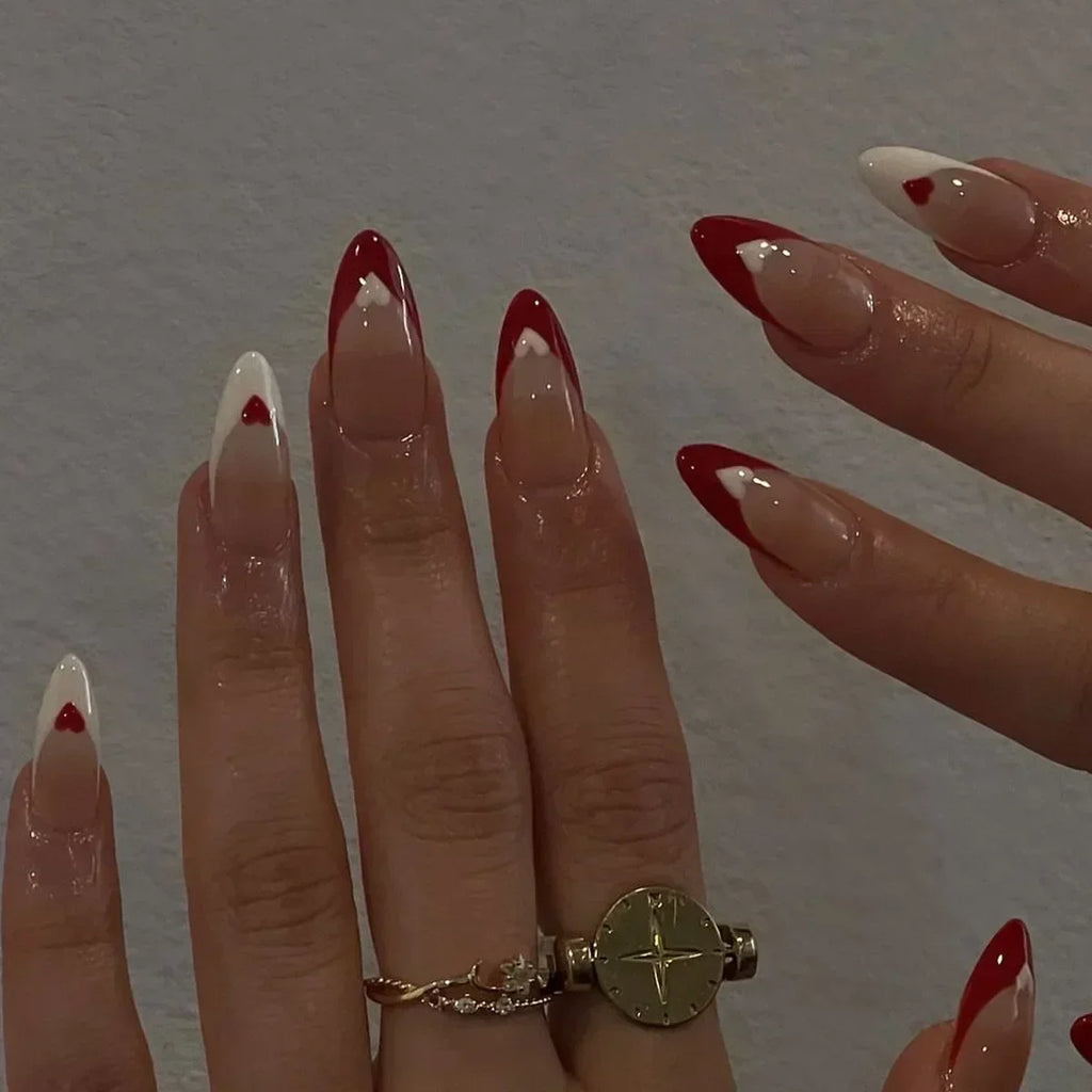 24pcs Wearable Wine Red artifiical Nails with glue Almond false nails with simple designs full cover ballet fake nails with glue