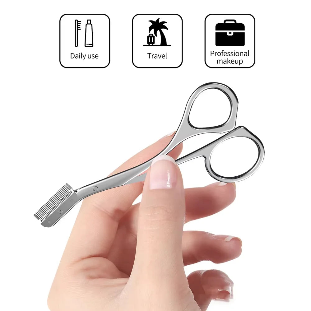 Stainless Steel Eyebrow Trimmer Scissors & Comb Set - Precision Grooming Tool for Men and Women - Effortless Hair Removal