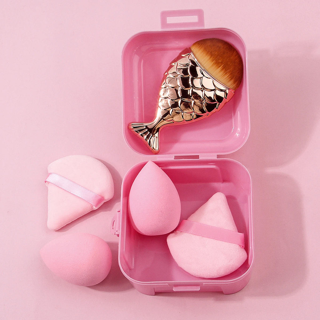 6PCS portable box-set super soft sponge egg/triangular powder puff + fishtail foundation brush portable beauty tool