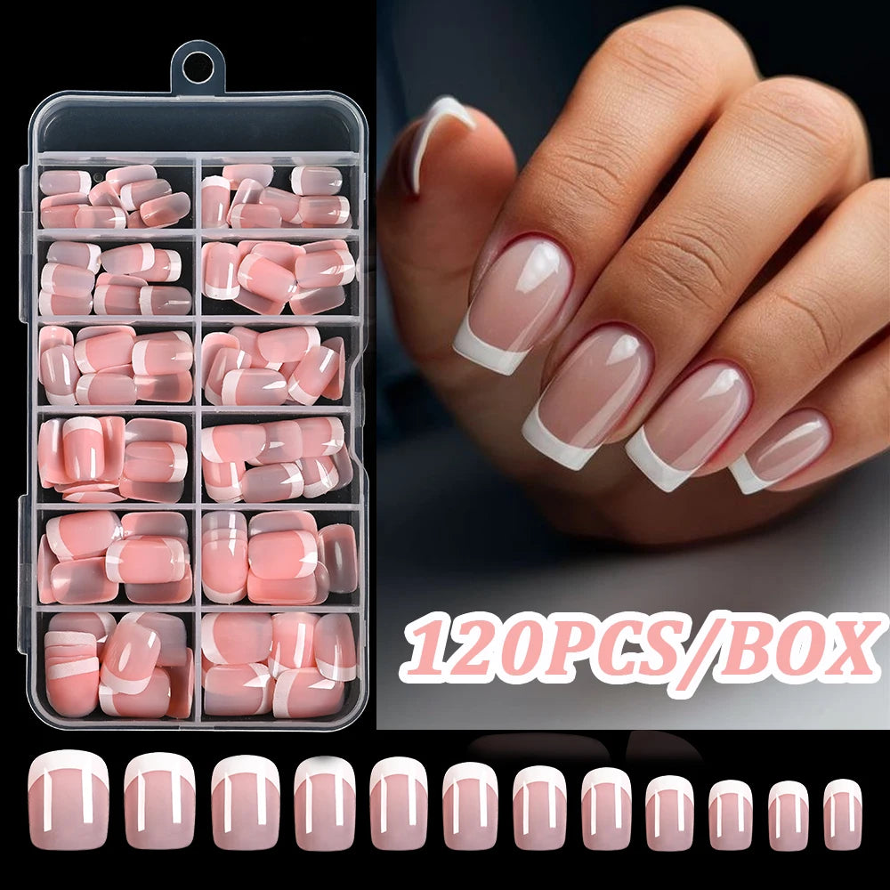 120pcs/Box Pink French Fake Nails Glossy French Short Square Design Full Cover False Nails Press On Nails Tips For Women Wedding