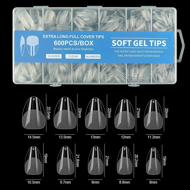 240/600Pcs Soft Gel False Nail Tips Short Square Coffin Almond Artificial Press On Nails Fake Extension X Capsule Manicure Tools
