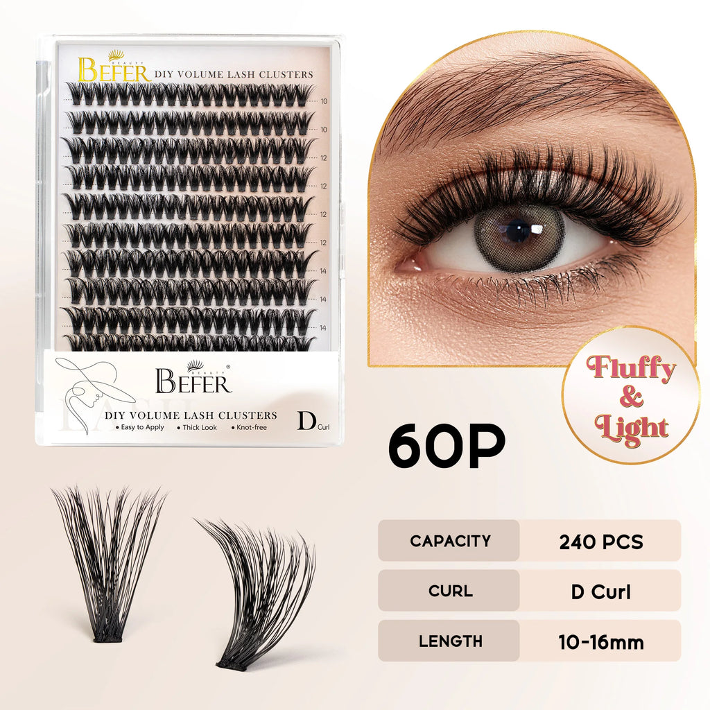 BEFER Cluster Lashes D Curl DIY Eyeslash Extension Lash Cluster Fluffy Volume Individual Natural False Eyelashes Clusters