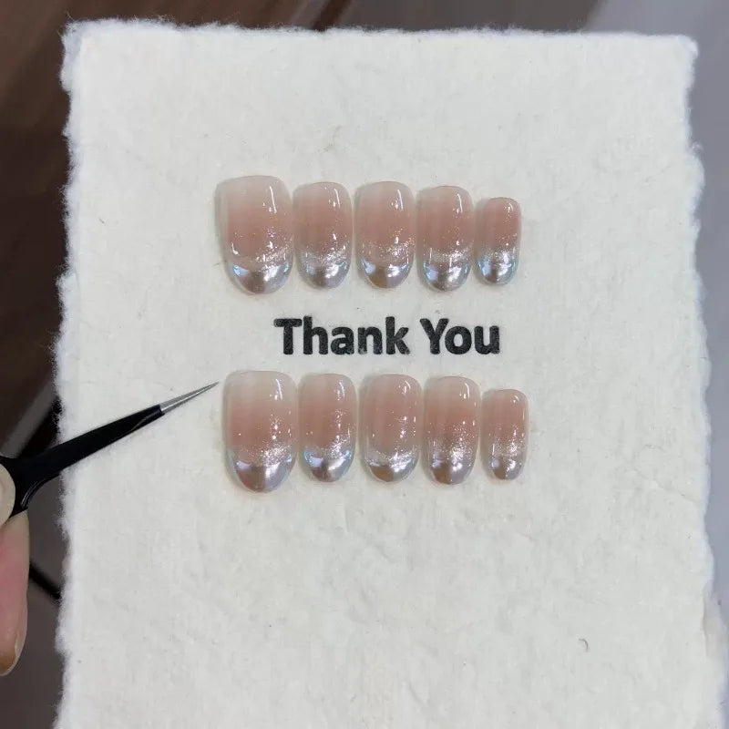 10Pcs French Oval Handmade Press on Nails Blue Cat Eye Fake Nails Wearable Stick-on Nails False Nail 네일팁 Накладные Ногти Uñas