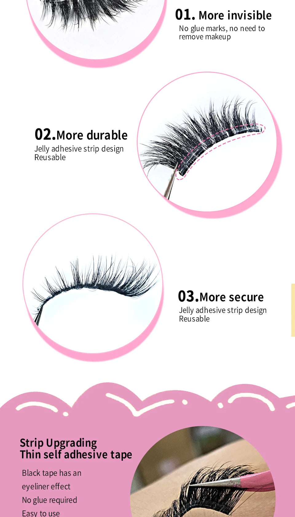 Self Adhesive Eyelashes Wide Glue Strip Press On Half Lashes Soft Clear Band Pre Glued False Eyelashes Reusable Cat Eye Lashes