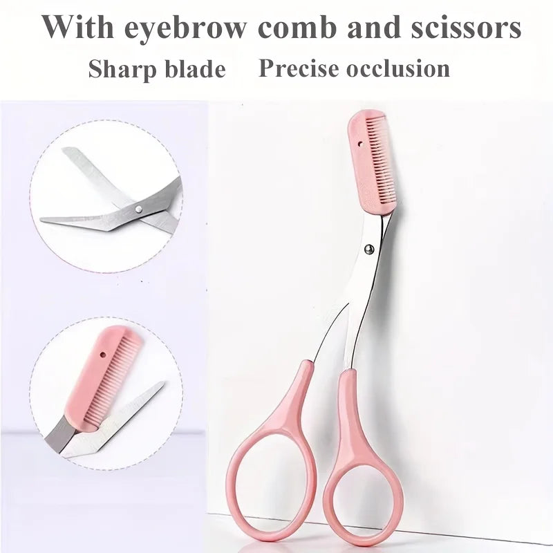 1/2pcs Stainless Steel Built-in Comb Eyebrow Scissors Pink Handle Precision Beauty Tool,Durable Metal Structure, Eyebrow Trimmer
