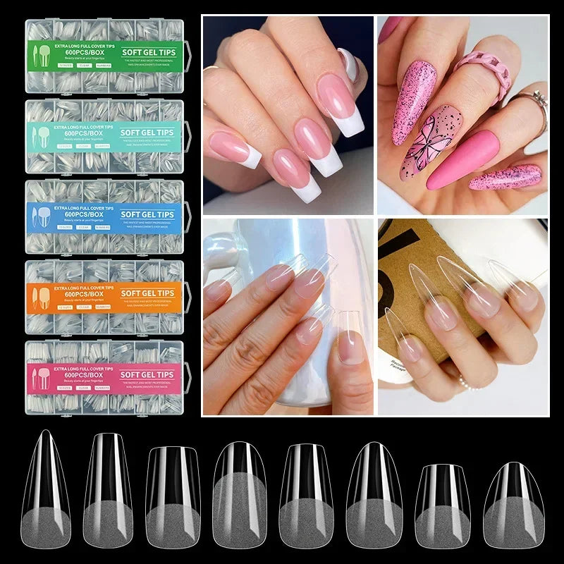 240/600Pcs Soft Gel False Nail Tips Short Square Coffin Almond Artificial Press On Nails Fake Extension X Capsule Manicure Tools