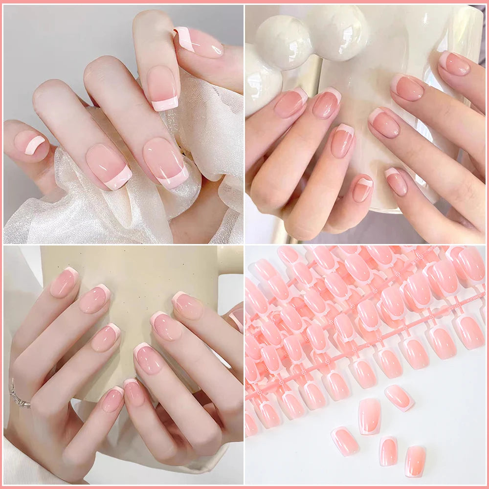 120pcs/Box Pink French Fake Nails Glossy French Short Square Design Full Cover False Nails Press On Nails Tips For Women Wedding