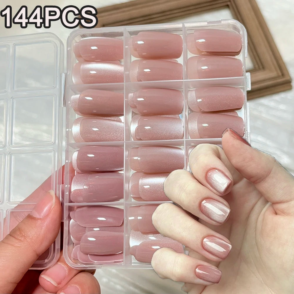 144pcs Glossy Nude Pink Cateye Press On Nail Medium Square Shape Glittery Handmade Full Cover Acrylic False Nails Fake Nail Set