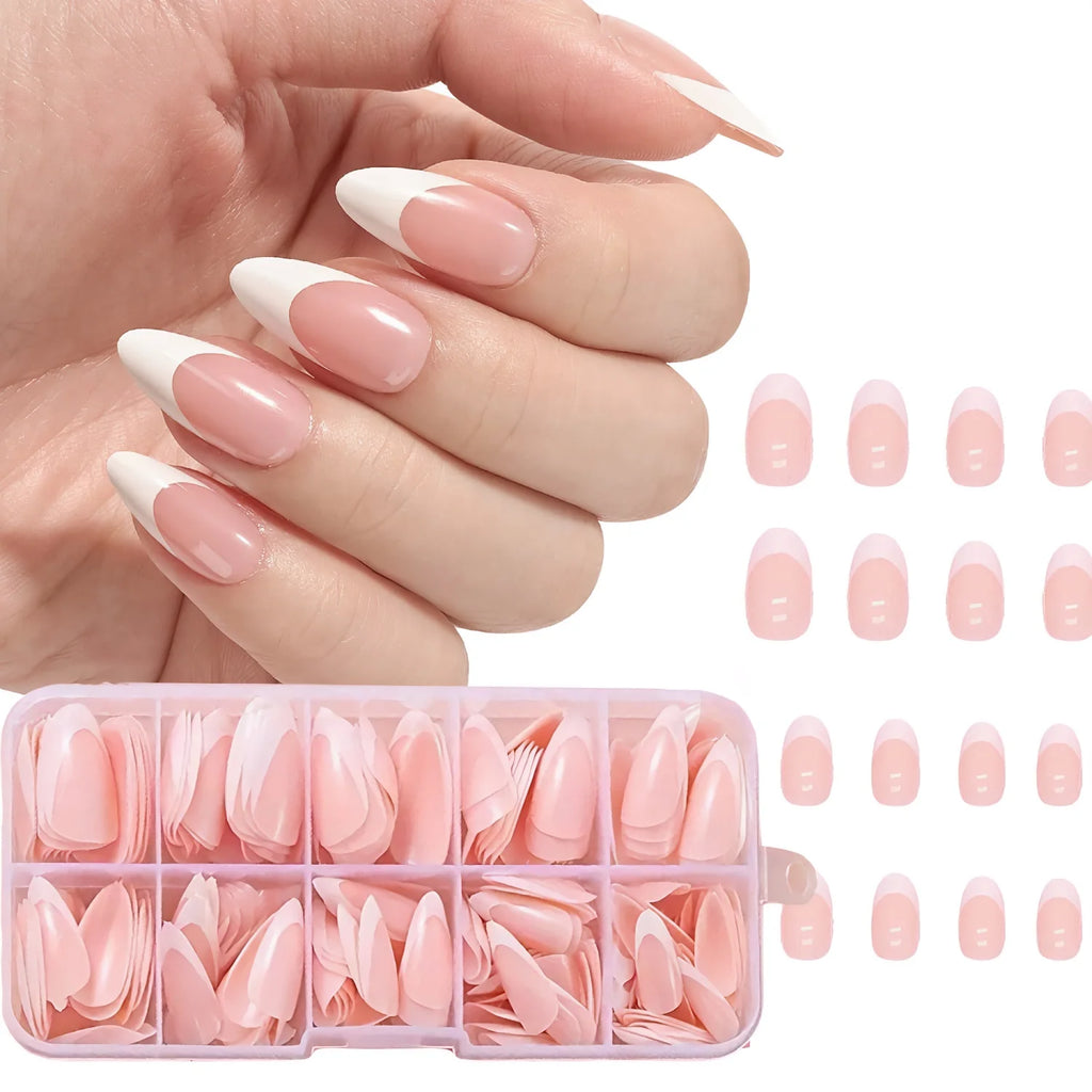 120Pcs Pink French False Nails Acrylic Almond Full Cover Fake Nails Women Wearable Press On Nails Artificial Stiletto Nail Tips