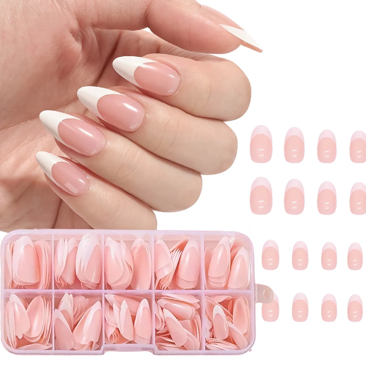 120Pcs Pink French False Nails Acrylic Almond Full Cover Fake Nails Women Wearable Press On Nails Artificial Stiletto Nail Tips