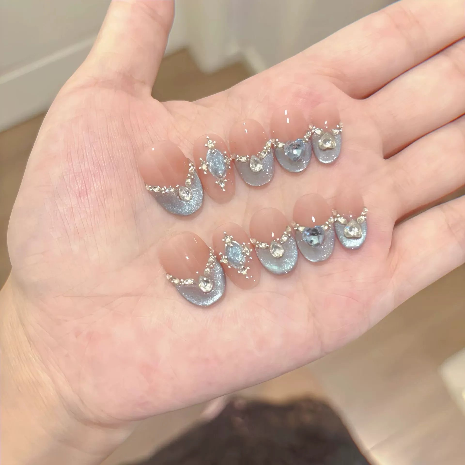 10Pcs French Oval Handmade Press on Nails Blue Cat Eye Fake Nails Wearable Stick-on Nails False Nail 네일팁 Накладные Ногти Uñas