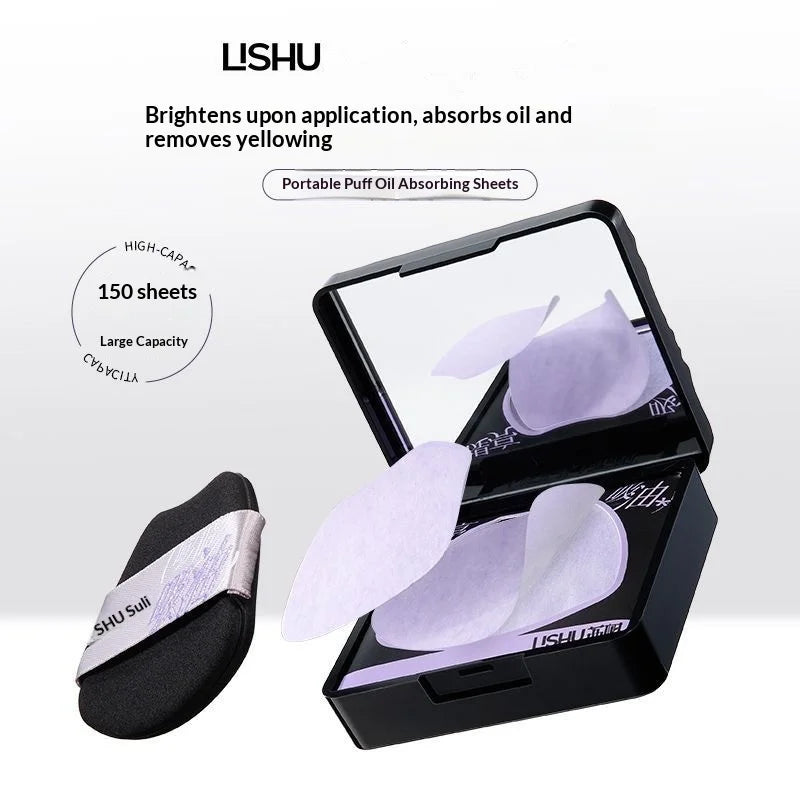 LISHU Oil Control Blotting Paper with Powder Puff, Face Powder Makeup Setting Sheets, Portable Touch Up Tool，150 Sheets