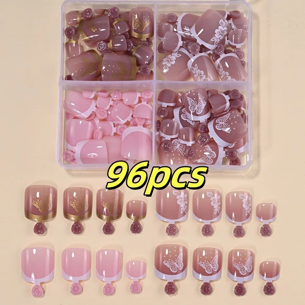 96pcs Short Square Toe Nails Butterfly/Flower French White Tip Fake Toenails Full Cover Fake Nail Set Cute Nail for Girls Gifts*