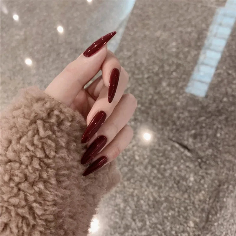 24pcs Wearable Wine Red artifiical Nails with glue Almond false nails with simple designs full cover ballet fake nails with glue