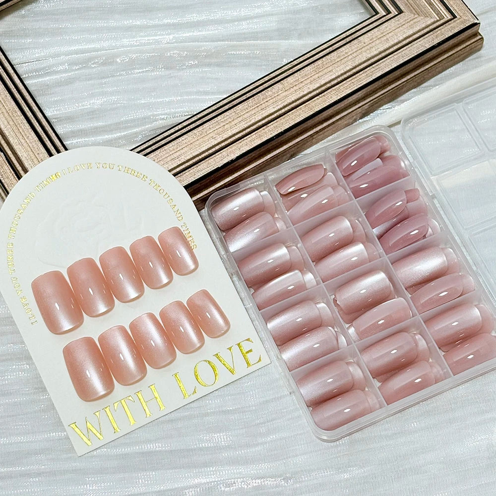 144pcs Glossy Nude Pink Cateye Press On Nail Medium Square Shape Glittery Handmade Full Cover Acrylic False Nails Fake Nail Set