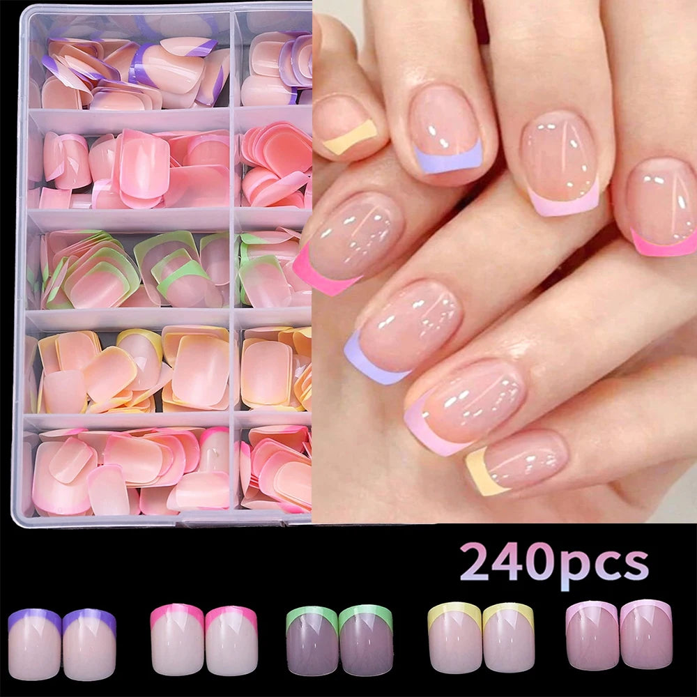 240/120pcs Colored French Fake Nails Glossy Short Square French Design Full Cover False Nails Spring Summer Press On Nail Tips