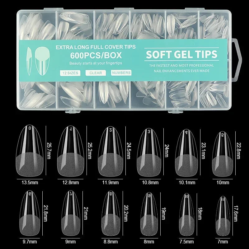 240/600Pcs Soft Gel False Nail Tips Short Square Coffin Almond Artificial Press On Nails Fake Extension X Capsule Manicure Tools