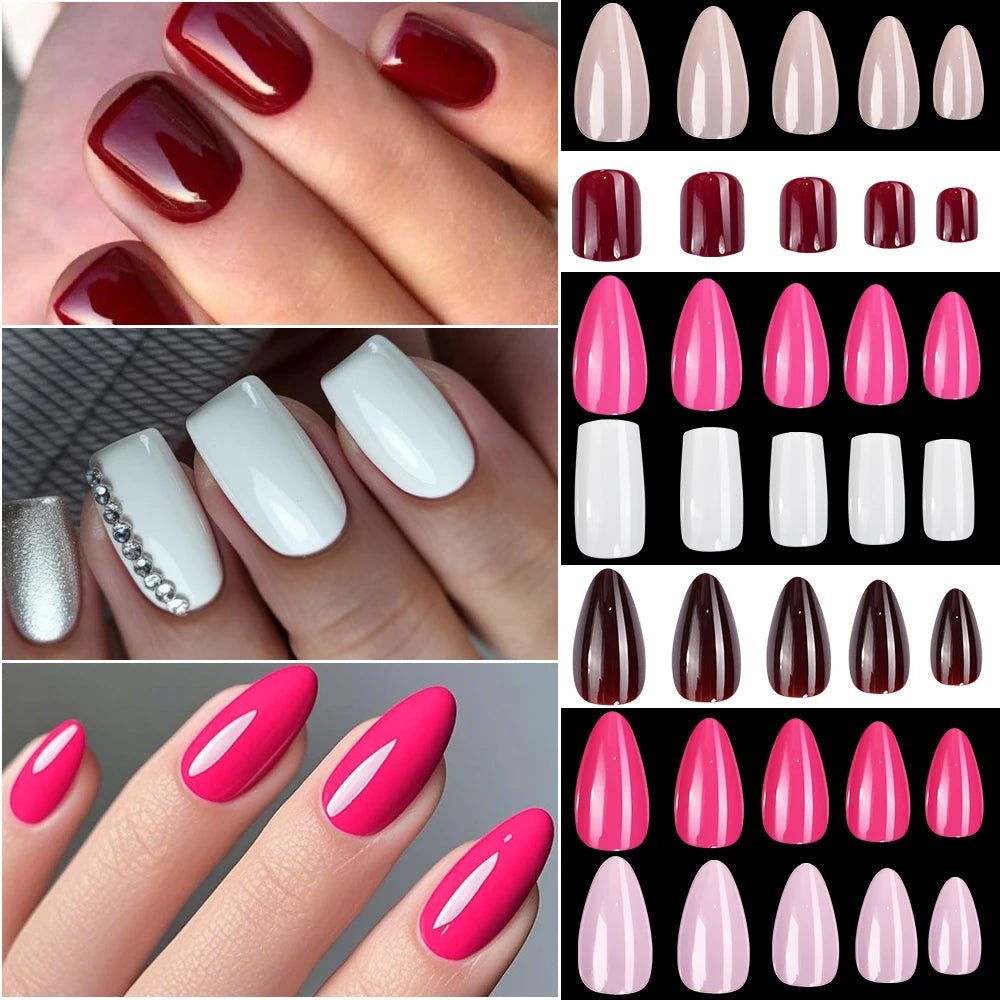 120pcs/Box Bright Gloss Pink False Nails Medium Almond Simple Solid Color Press On Nails Soft Gel Full Cover Wearable False Nail