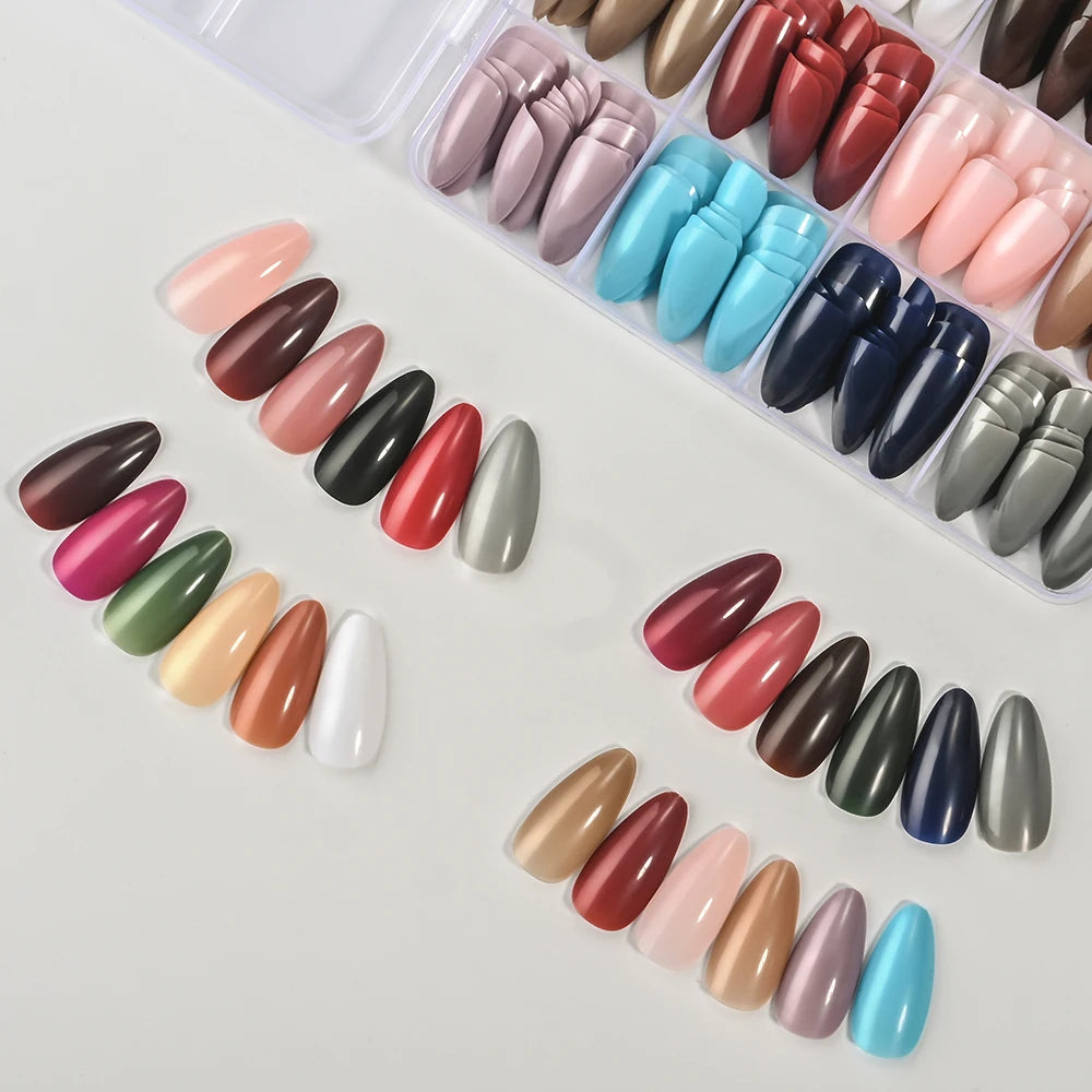288pcs Glossy Red/Green/Blue/White Almond False Nails Medium Length Solid Color Full Cover Press On Nails Acrylic Fake Nails #R2
