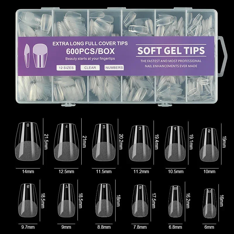 240/600Pcs Soft Gel False Nail Tips Short Square Coffin Almond Artificial Press On Nails Fake Extension X Capsule Manicure Tools
