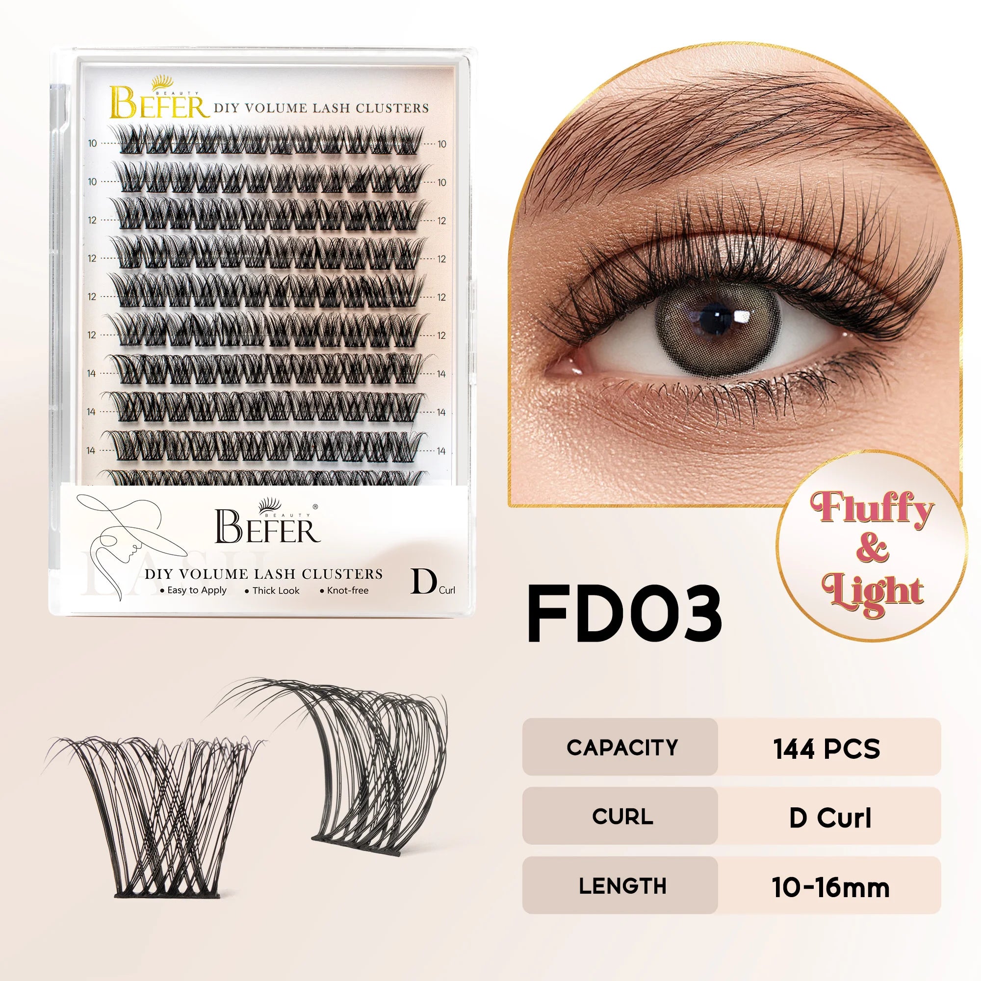 BEFER Cluster Lashes D Curl DIY Eyeslash Extension Lash Cluster Fluffy Volume Individual Natural False Eyelashes Clusters