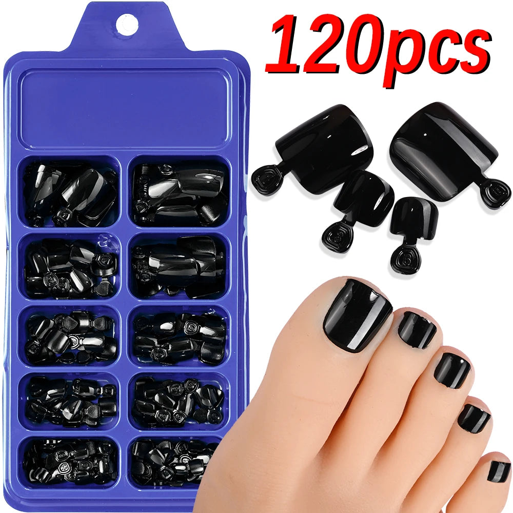 100/120Pcs Glossy Black White Press On Toenails Short Square Full Cover Fake Toe Nails Acrylic Toe False Tips Summer Manicure DI