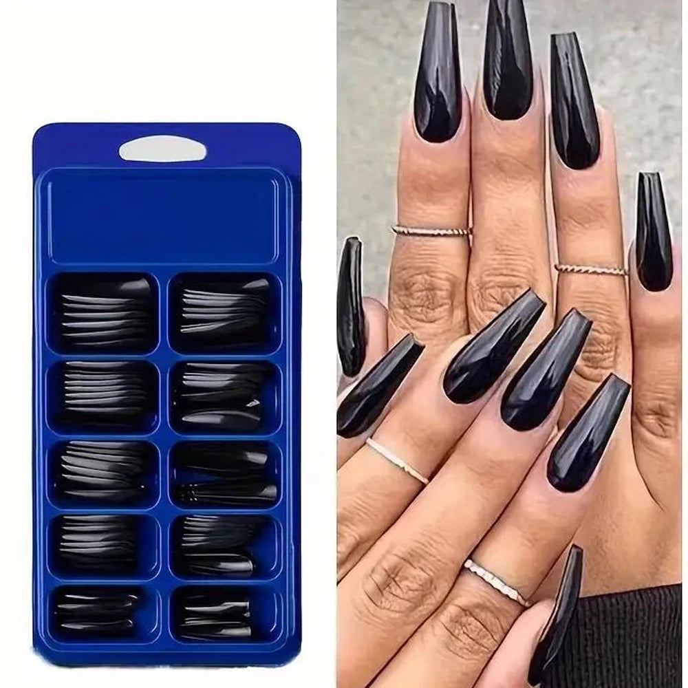 120pcs Black Short Square False Nails Long Glossy Full Cover Acrylic False Nails Artificial Pure Black Coffin Press On Nails