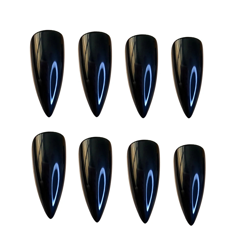 24Pcs Shiny Black False Nails With Jelly Glue Artificial Long Stiletto Fake Nail DIY Full Cover Finger Tips Manicure Tool