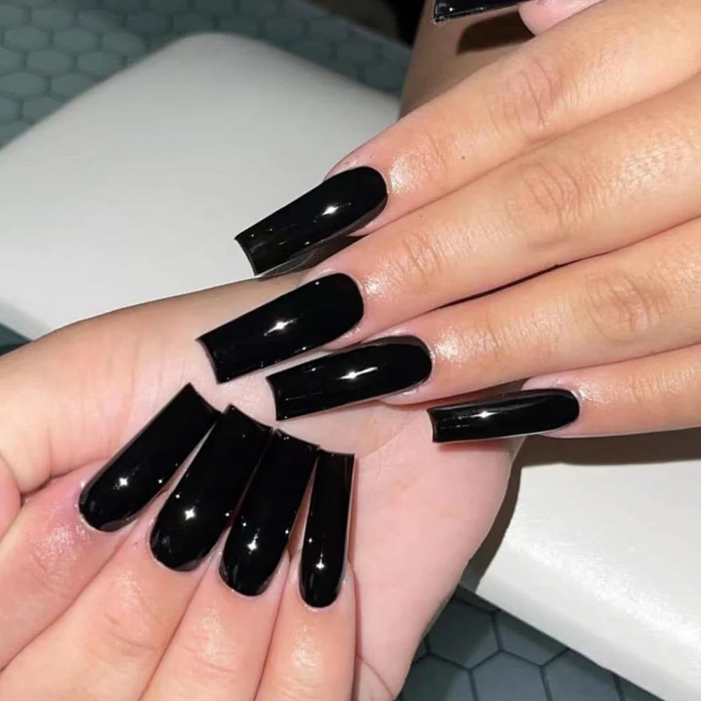 120pcs Black Short Square False Nails Long Glossy Full Cover Acrylic False Nails Artificial Pure Black Coffin Press On Nails