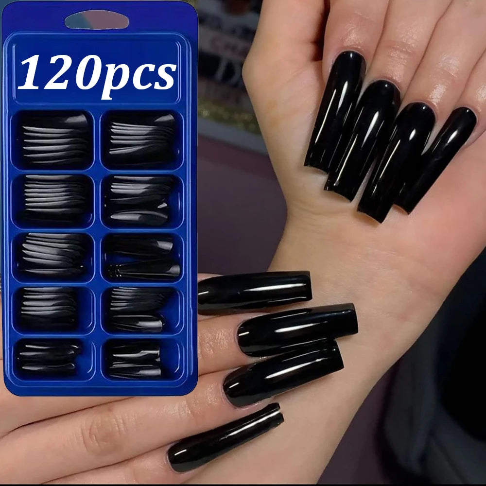 120pcs Black Short Square False Nails Long Glossy Full Cover Acrylic False Nails Artificial Pure Black Coffin Press On Nails