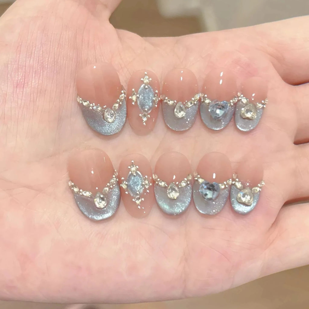 10Pcs French Oval Handmade Press on Nails Blue Cat Eye Fake Nails Wearable Stick-on Nails False Nail 네일팁 Накладные Ногти Uñas